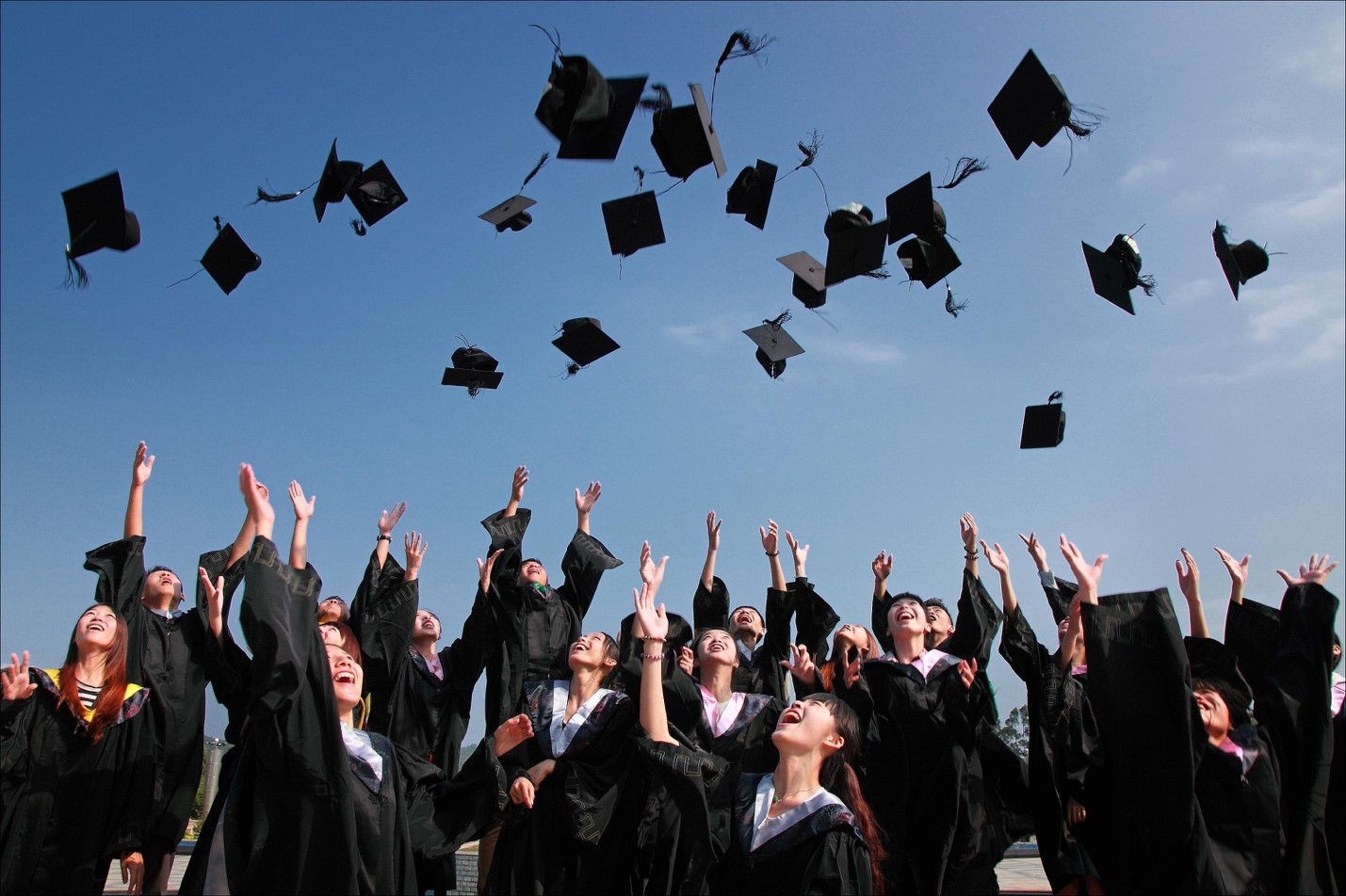Students throwing their graduate caps into the air on a summer day