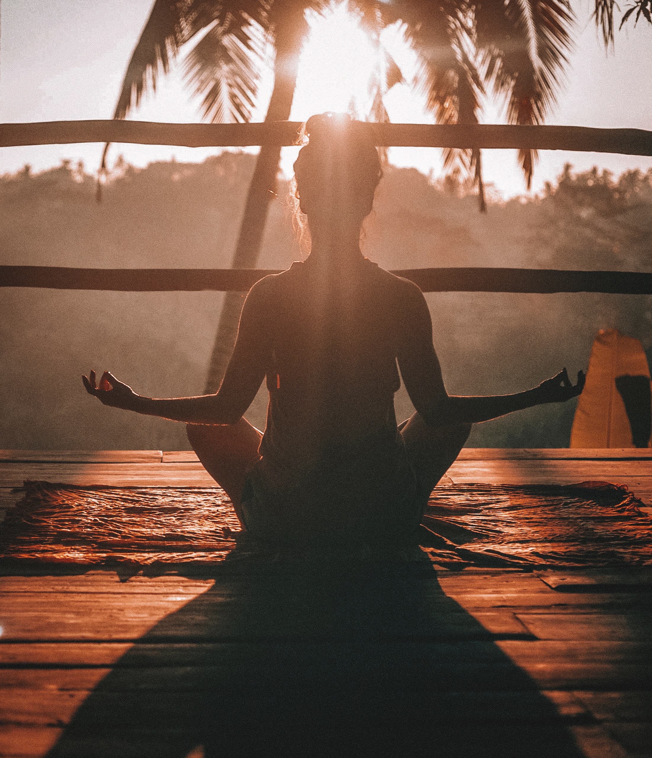 Woman meditating with palm tree and sun in the background