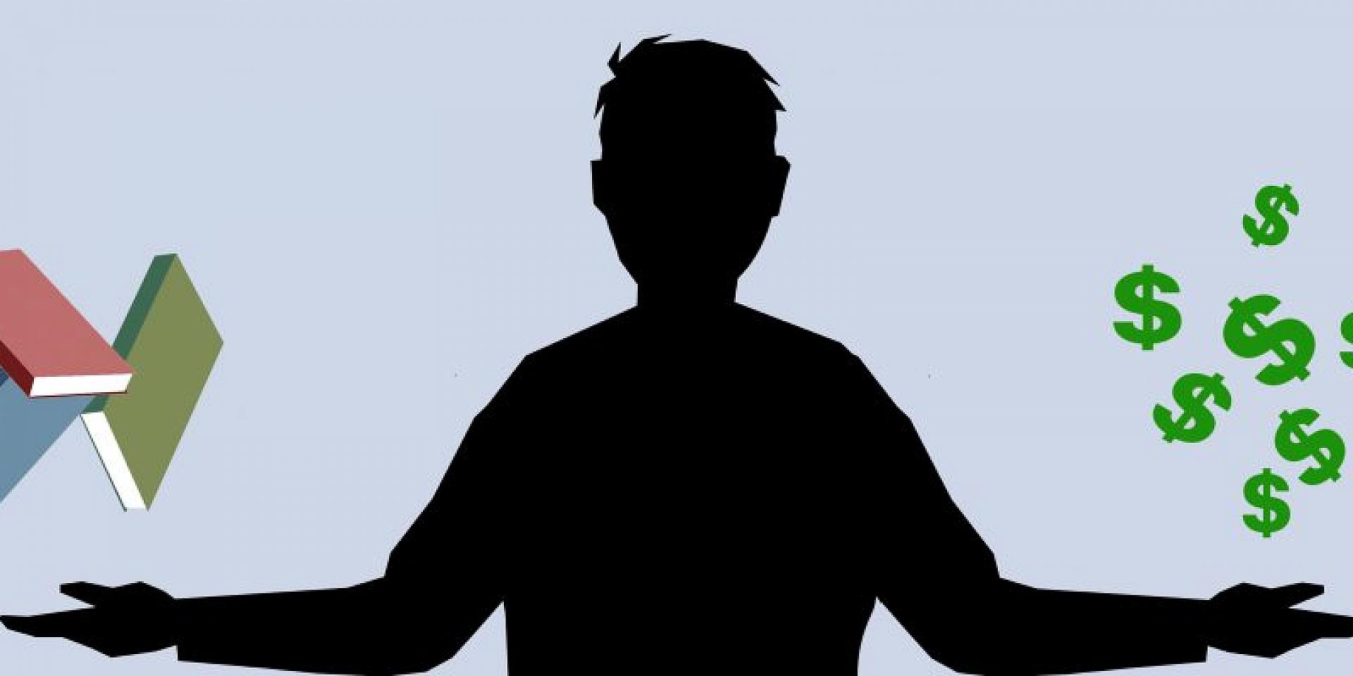 Silhouette of a man balancing school and money