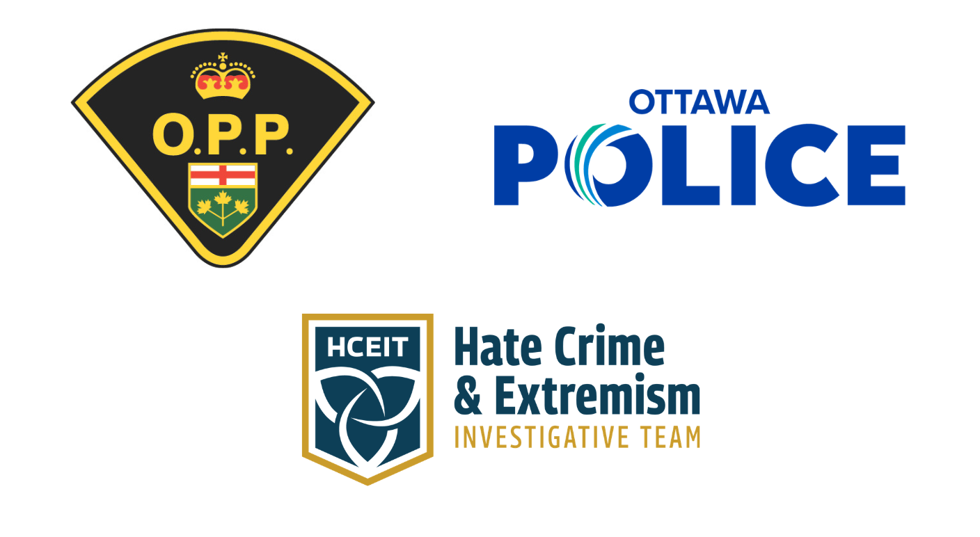 A black and yellow logo for the Ontario Provincial Police, a blue and white logo for the Ottawa Police (OPS) and a yellow, white, and blue logo for the Hate Crime & Extremism Investigative Team (HCEIT).