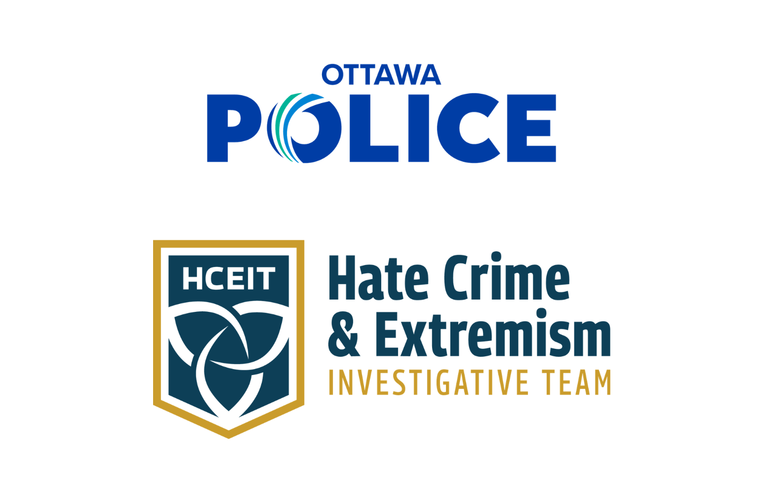 A blue and white logo for the Ottawa Police (OPS) and a yellow, white, and blue logo for the Hate Crime & Extremism Investigative Team (HCEIT).