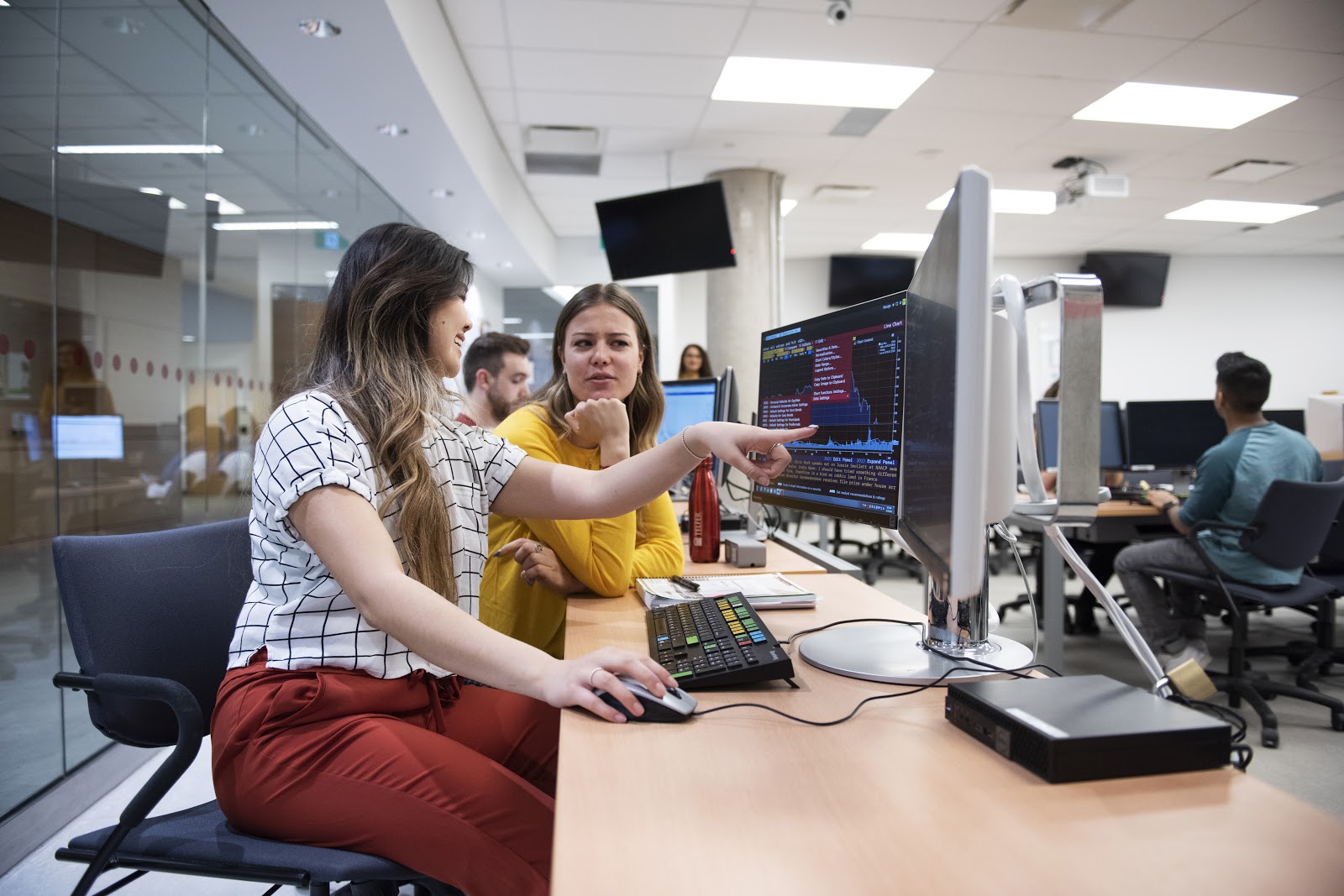 students chatting in lab