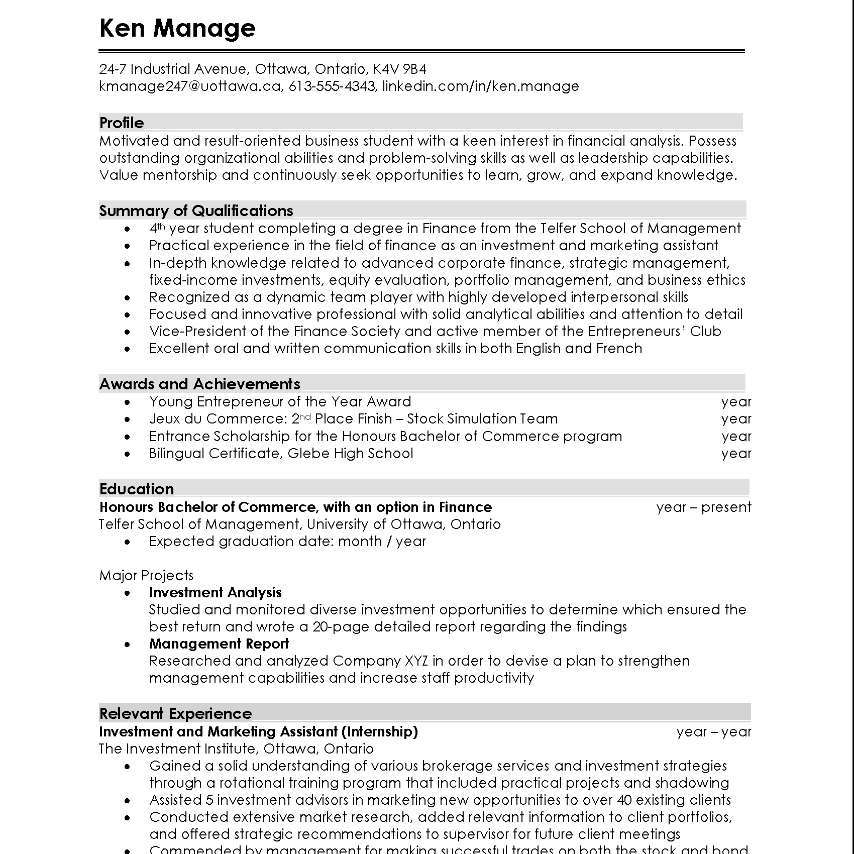 resumé career centre telfer school of management management skills and abilities