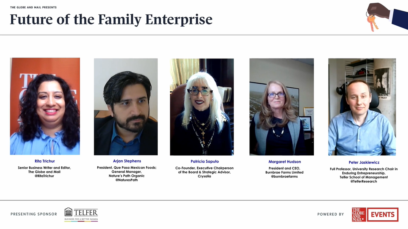 Rita Trichur, Arjan Stephens, Patricia Saputo, Arjan Stephens et Peter Jaskiewicz lors de l'événement Future of Family Enterprise avec The Globe and Mail.