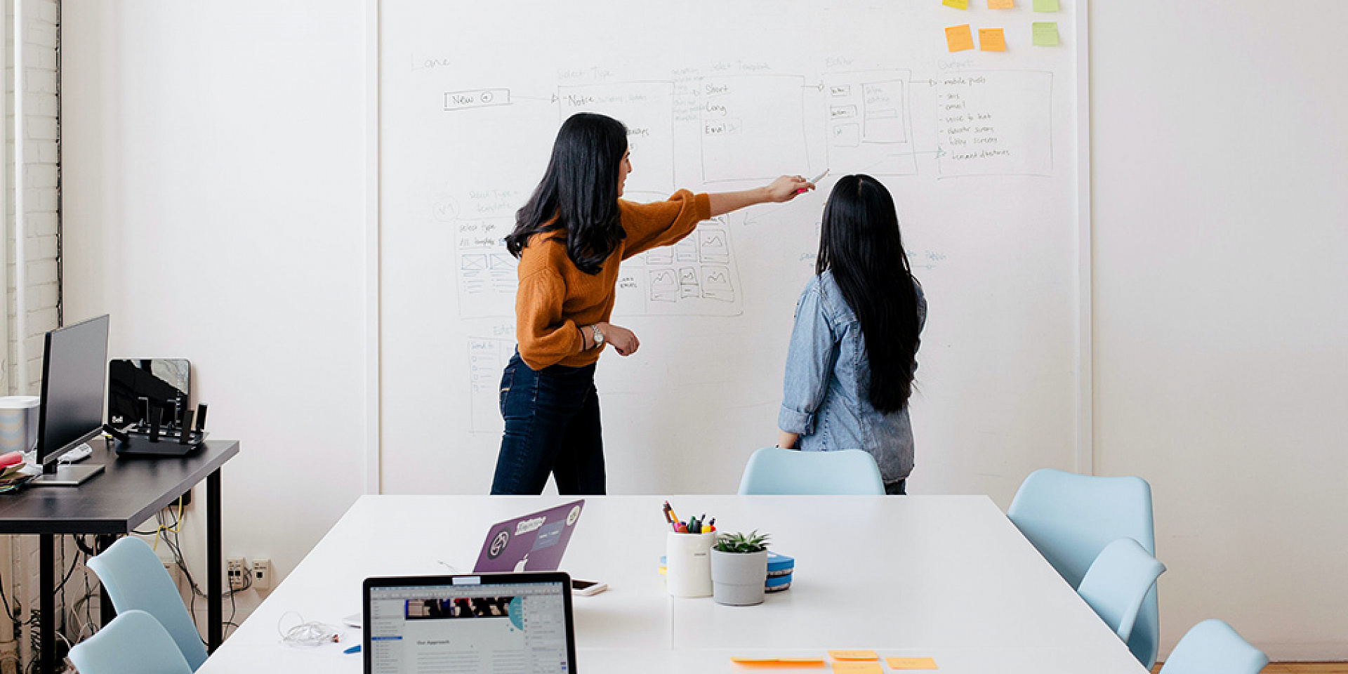 Two women working on a white board in a brainstorm session