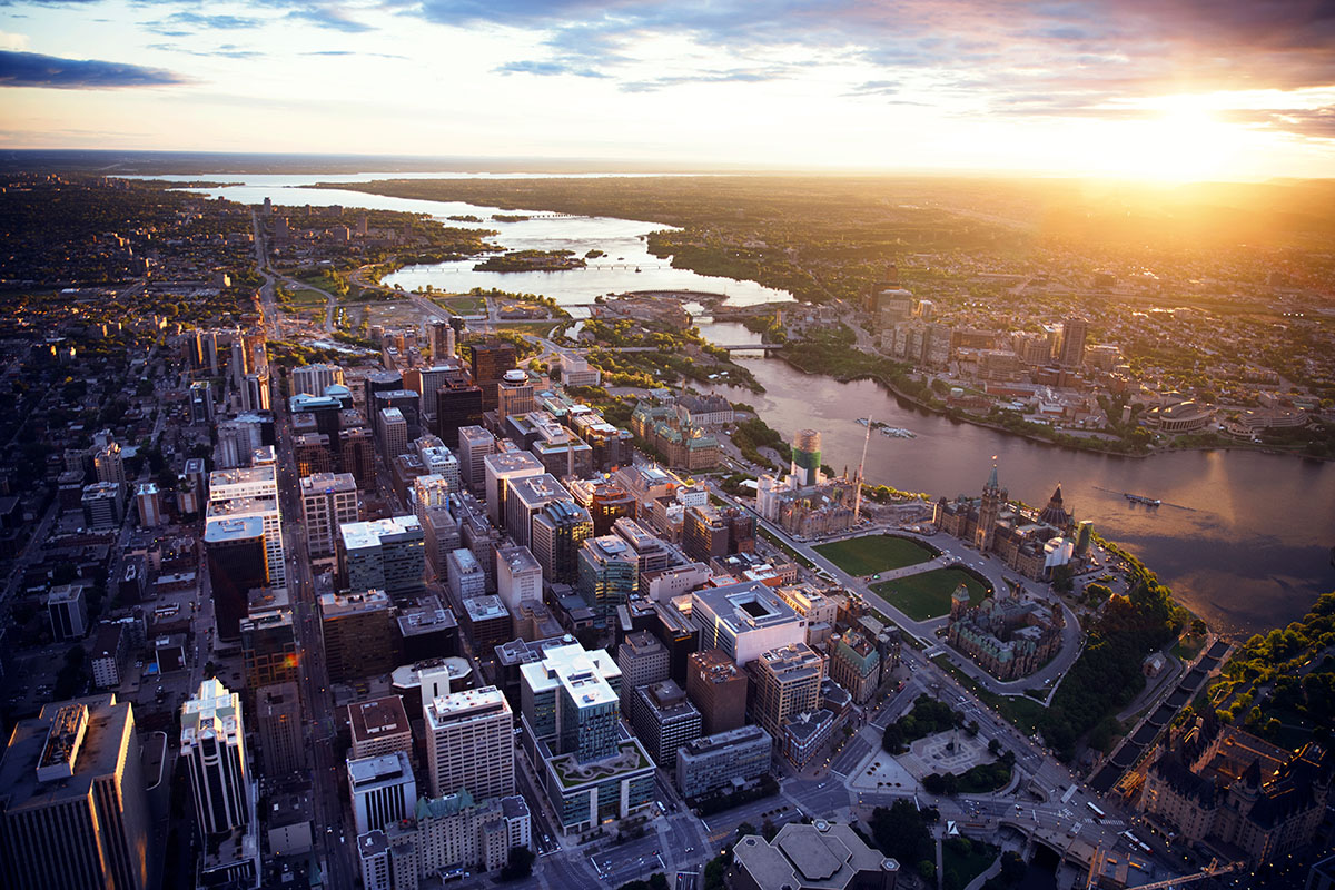 High Angle View Of Cityscape During Sunset