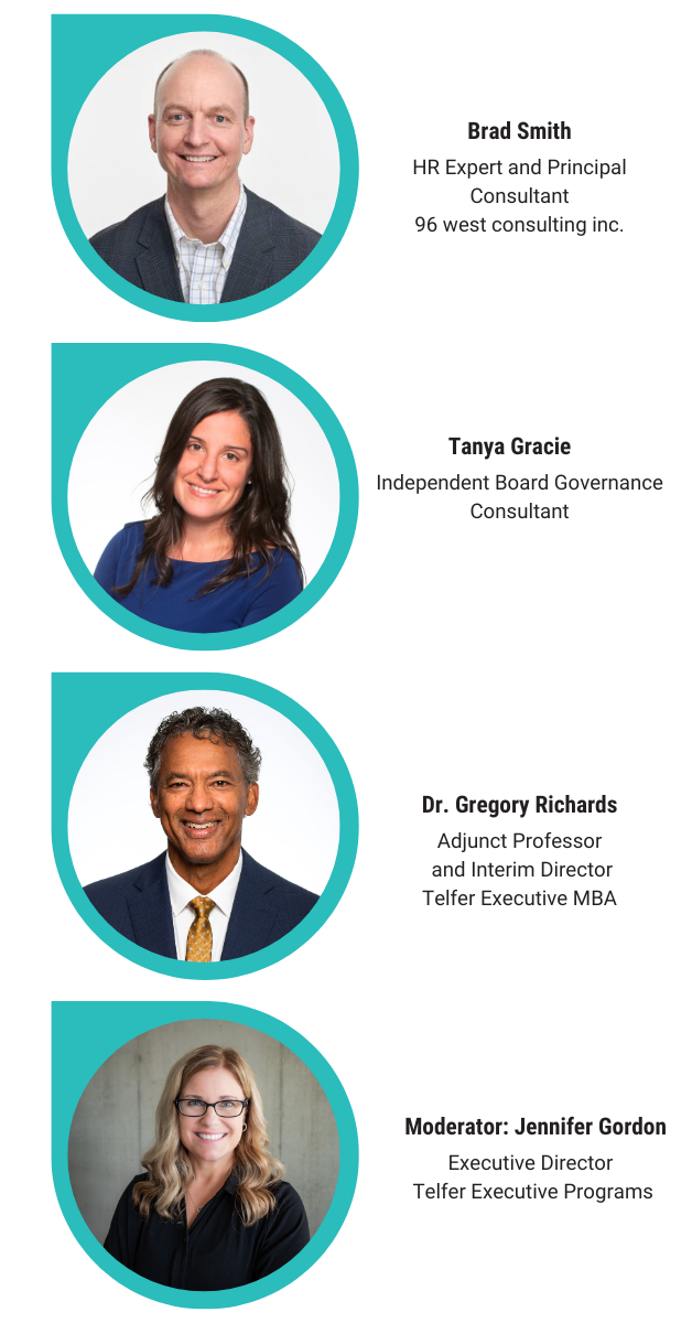 Headshots of 3 panelists (Brad Smith, Tanya Gracie, and Dr. Greg Richards) and a moderator (Jennifer Gordon) for the panel discussion at Telfer's Executive Campus.