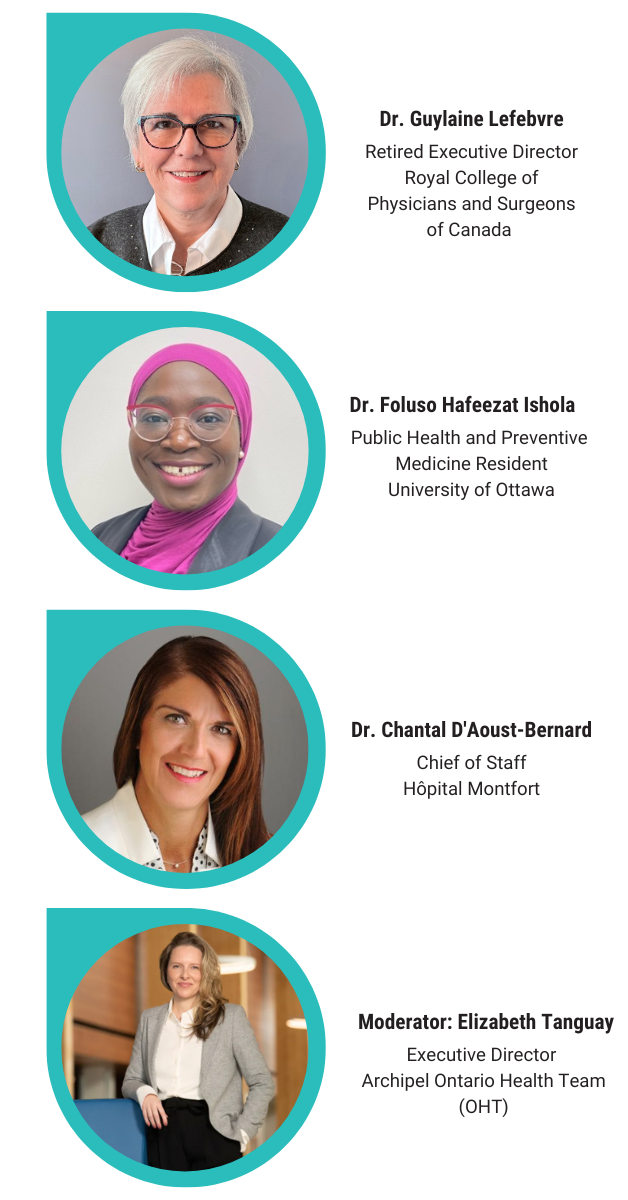 Four headshots of women on the International Women's Day Panel at Telfer Executive Programs (Dr. Guylaine Lefebvre, Dr. Foluso Hafeezat Ishola, Dr. Chantal D'Aoust-Bernard, and moderator Elizabeth Tanguay.) 