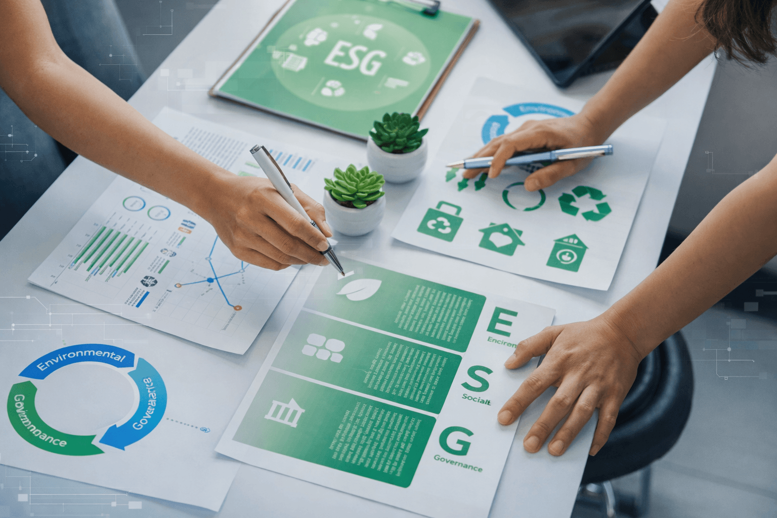 people pointnig to esg documents on a table
