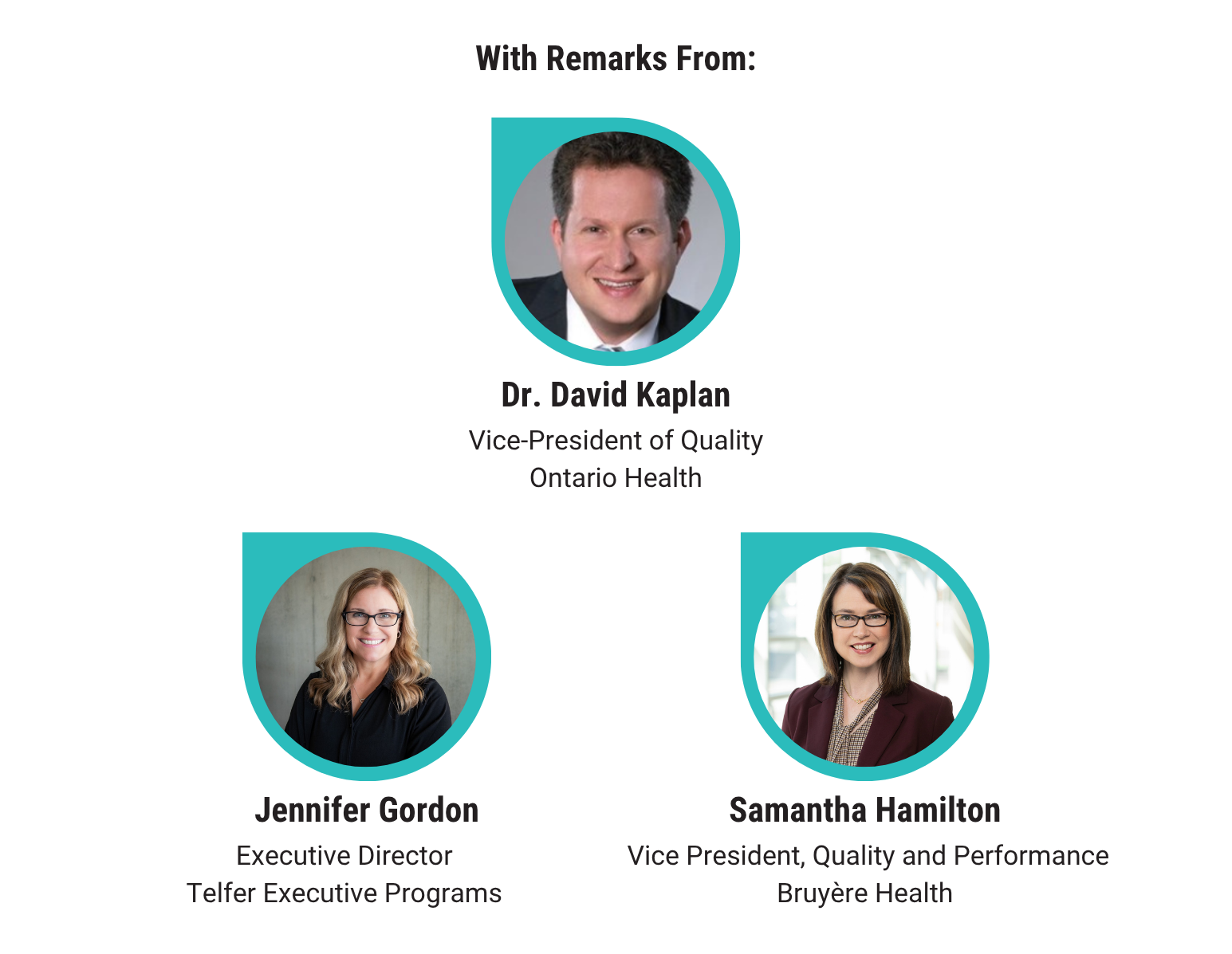 Headshots of Dr. David Kaplan, Jennifer Gordon, and Samantha Hamilton