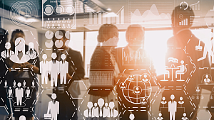 Visual data icons overlay a group of people networking.