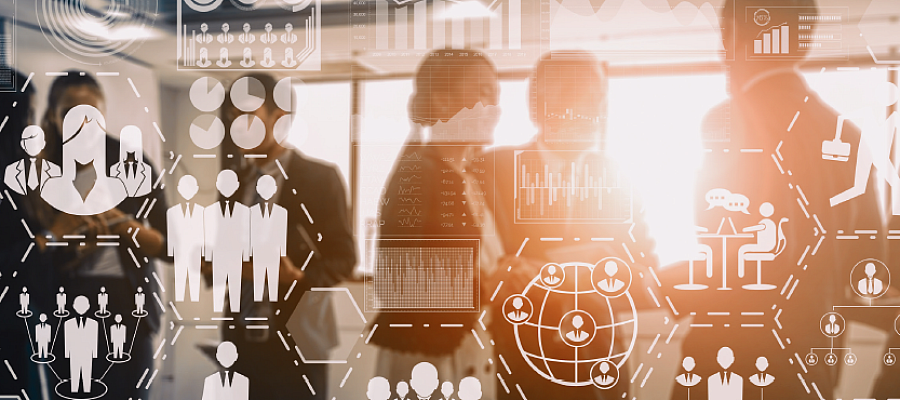Visual data icons overlay a group of people networking.