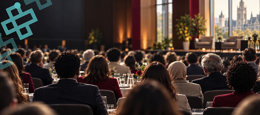 Audience seated at tables facing a stage in a bright event venue, with large windows overlooking Ottawa’s cityscape.