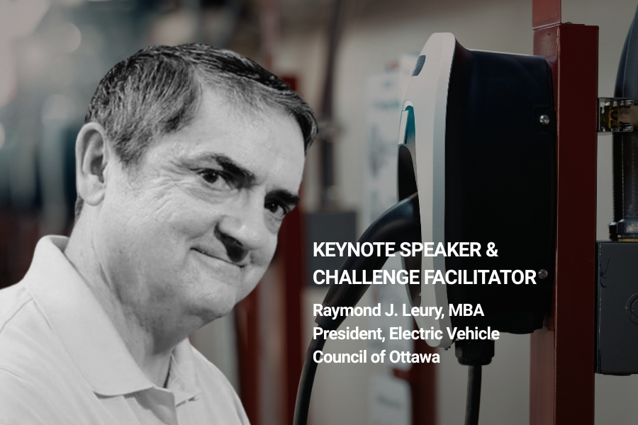 Portrait of Raymond J. Leury standing beside an electric vehicle charging station, identified as keynote speaker and challenge facilitator.