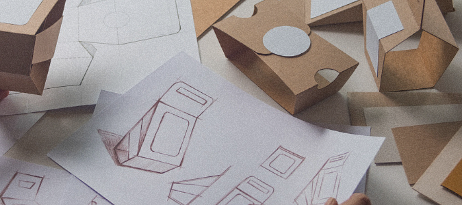 Mains dessinant et créant des prototypes d’emballages durables à l’aide de modèles en carton et de croquis techniques lors d’un atelier d’innovation.