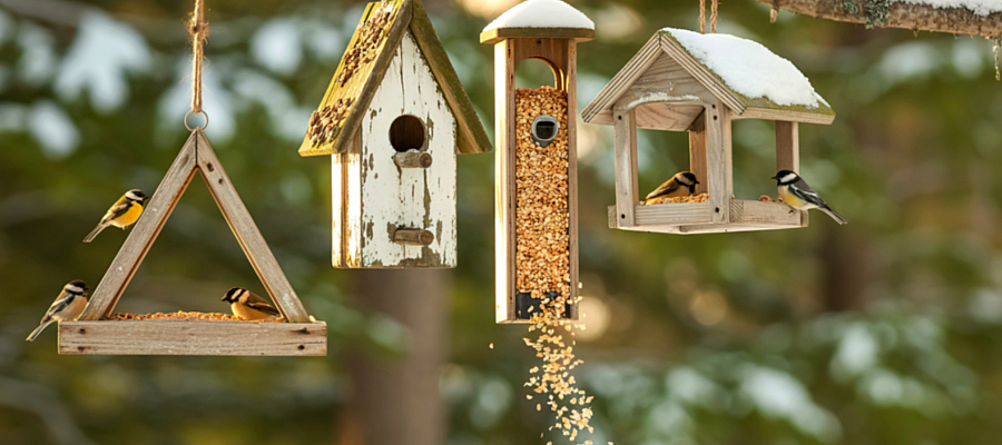 Plusieurs nichoirs et mangeoires faits à la main suspendus à une branche dans une forêt enneigée, avec des oiseaux en train de se nourrir, représentant la protection de la nature et l’artisanat durable.
