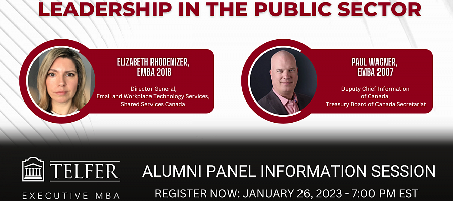 Leadership in the Public Sector; an alumni panel information session on January 26, 2023 at 7 p.m. with Elizabeth Rhodenizer and Paul Wagner