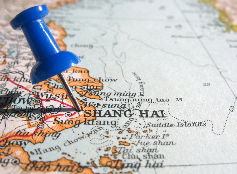 Map of China with push pin on Shanghai